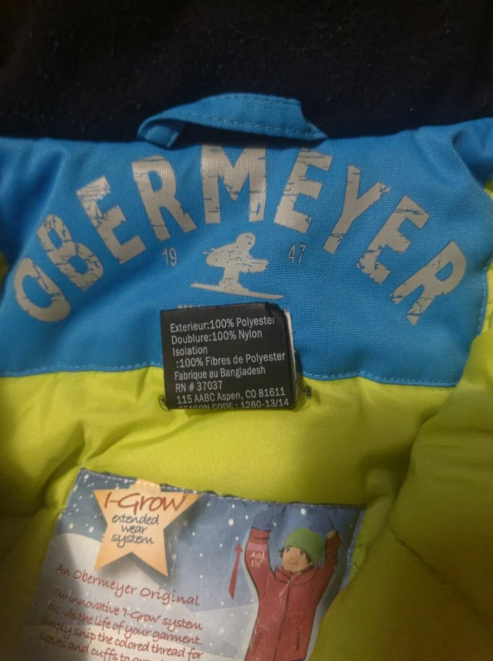 Obermeyer Blue, Gray & Lime Kids Hooded Puffer Jacket